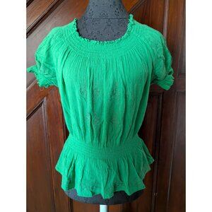 Cynthia Rowley Womens Green Smocked Waist Peplum Blouse Short Sleeve Size S